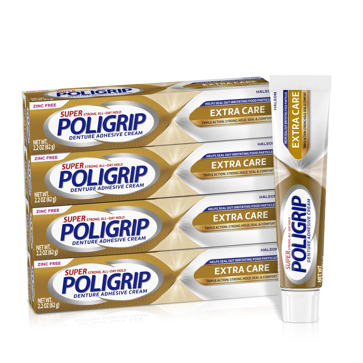 Super Poligrip Extra Care Lot de 4 crèmes adhésives pour prothèses dentaires sans zinc 62,4 g