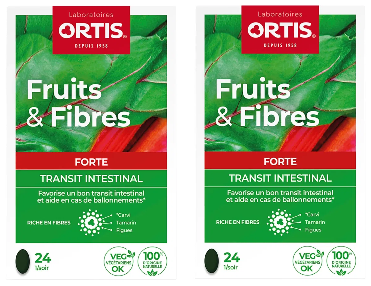ORTIS Fruits & Fibres FORTE Transit Intestinal Action RAPIDE 8h Complément Alimentaire 24 Comprimés Lot de 2 Boites