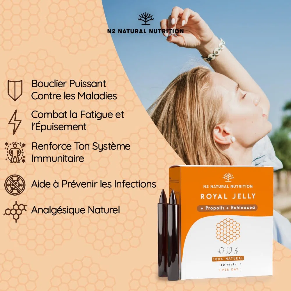 Gelee Royale Propolis Echinacea 200mg Vitamine C 60 Ampoules Anti Fatigue Royal Honey Renforcement Organisme Arôme Orange N2 Natural Nutrition