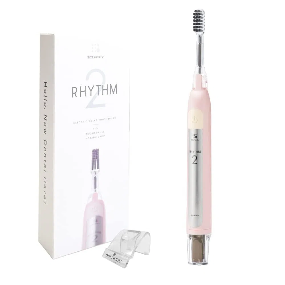 Soladey Rhythm 2, Brosse à dents électrique à énergie ionique, panneaux solaires et semi-conducteur TiO2 (rose layette), brosse à dents ionique prête à l'emploi