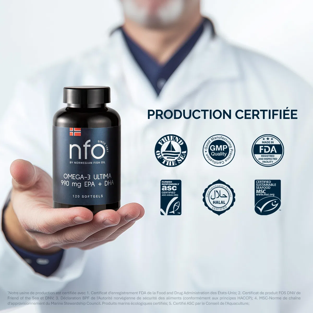 NFO OMEGA 3 ULTIMA [120 Gélules] Huile de poisson Omega 3 norvégienne à concentration maximale en Omega 3 DHA EPA en triglycérides, Avec vitamine E, Oméga 3 hautement dosés, Complexe d’acides aminés