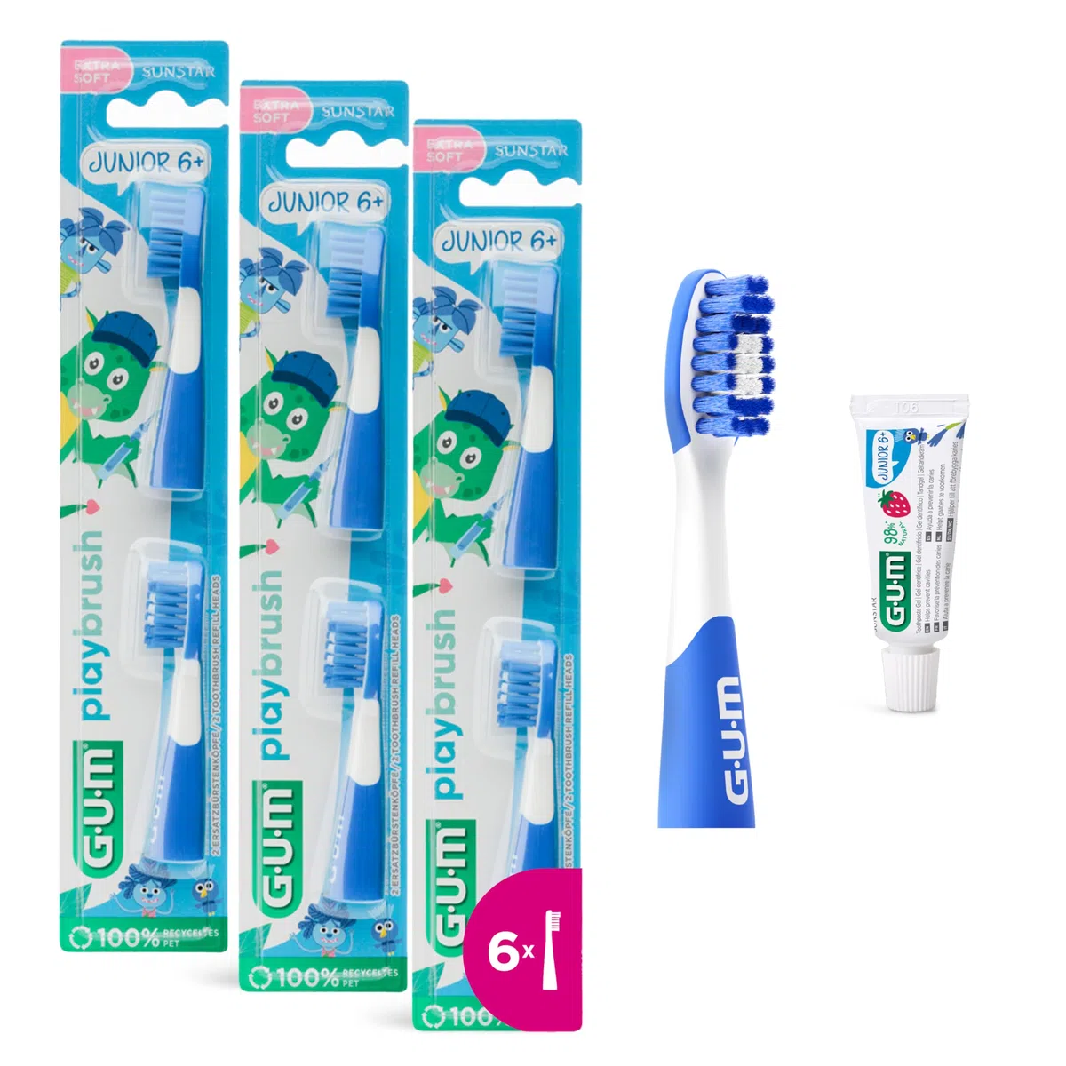 Playbrush JUNIOR 6+ tête de brosse gum compatible brosse à dents électrique brins extra-souples 3x2 têtes Bleu