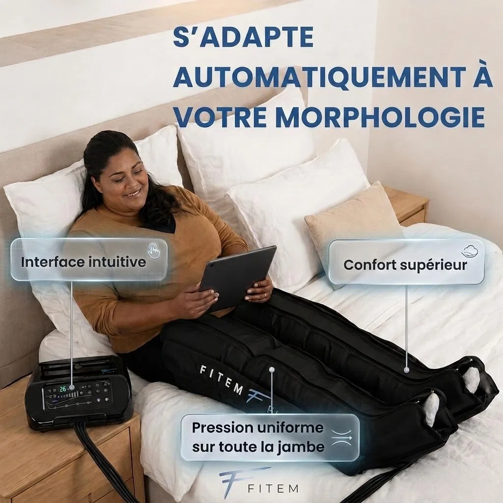 Bottes de pressothérapie jambes FITEM – Jambe lourde & drainage lymphatique | Amélioration Circulation sanguine jambe, massage fluide, confort toutes morphologies, utilisation simple, SAV français