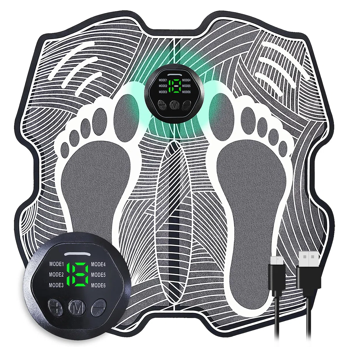 Massager des Pieds - EMS Foot Massage Pad, Tapis de massage électrique pour la circulation sanguine masseur de pieds pliable, rechargeable par USB, 8 modes, 18 intensités