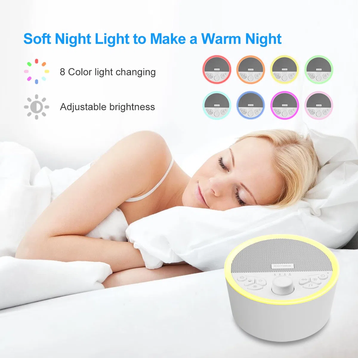 Exmate Machine de Bruit Blanc Portable avec veilleuse, 29 sons apaisants HIFI, contrôle du volume, minuterie, fonction de mémoire, blanc