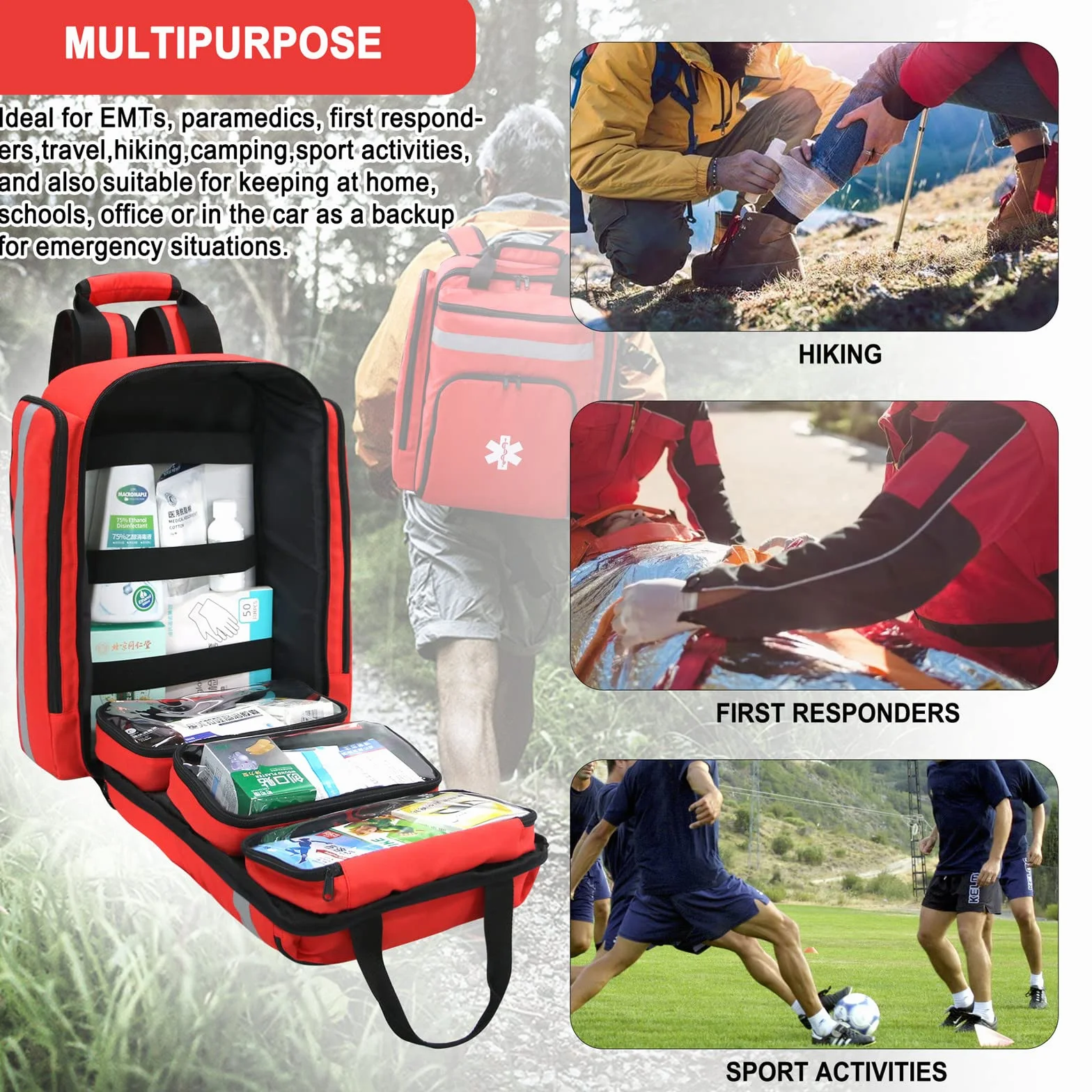 Sac à Dos Médical d'Urgence Vide, Sac de Premiers Secours Réfléchissant, Grande Capacité (Rouge)