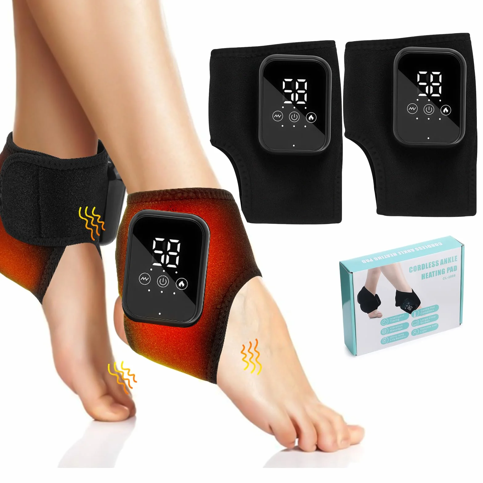 Masseur de Pieds sans Fil, 2 pièces 3 en 1 Masseur de cheville Portable Masseur Pied Électrique Chauffant 3 Modes Vibration & 3 Niveaux Chauffageé Coussin chauffant pour pieds