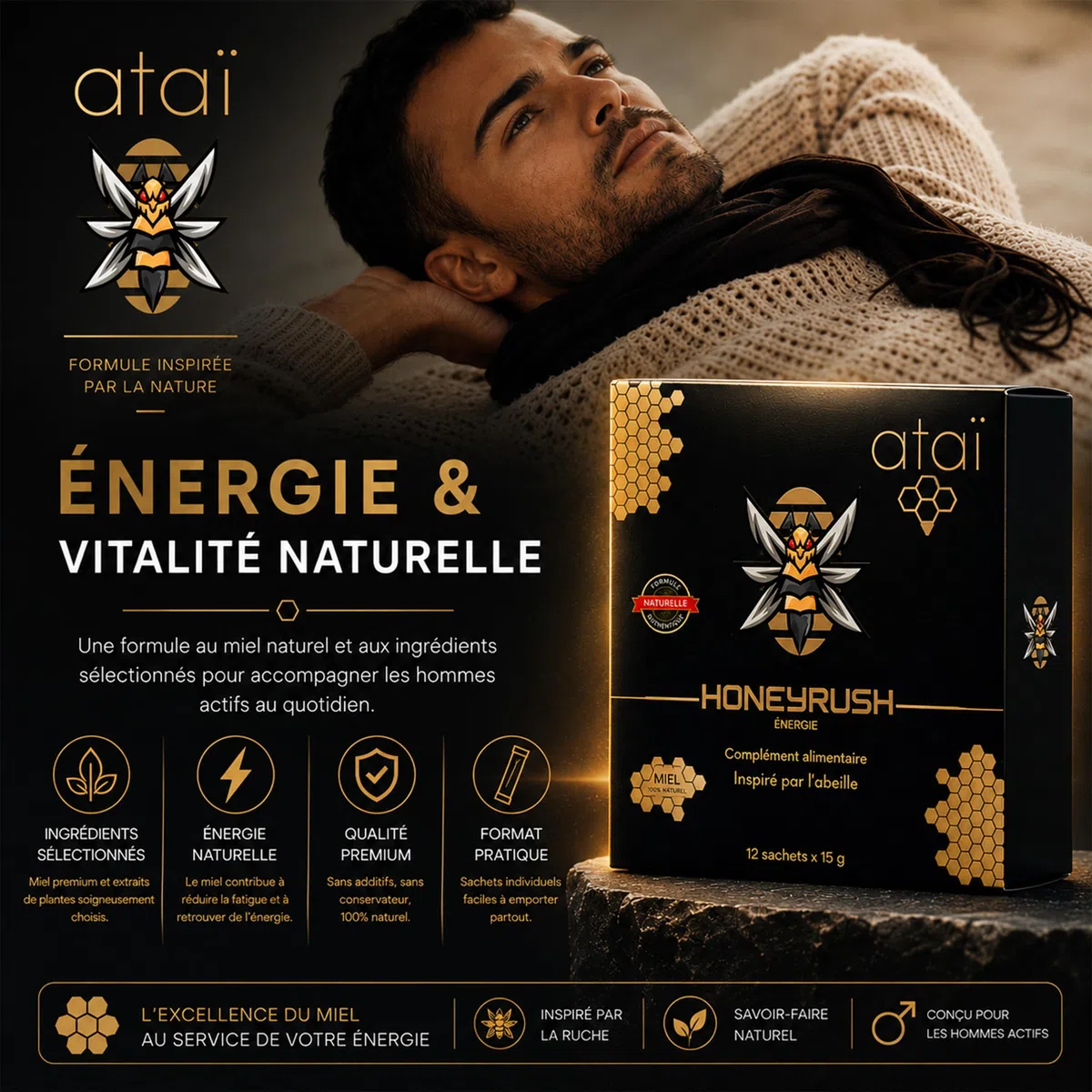 TONUS HOMME HONEY RUSH Miel, gélée royale, Guarana, Maca, Zinc, Vitamines B6,B12,C 12 Sachets 15 g