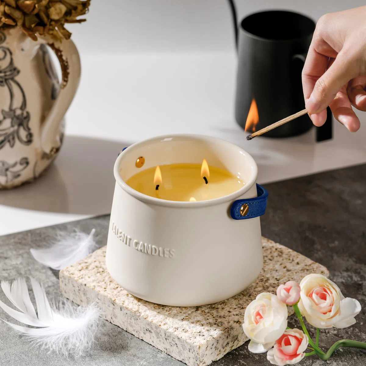 Bougie Aromathérapie Tasse en Céramique à Main 3 Noyaux Cire de Soja Cadeaux Hommes Femmes Nuit d'été