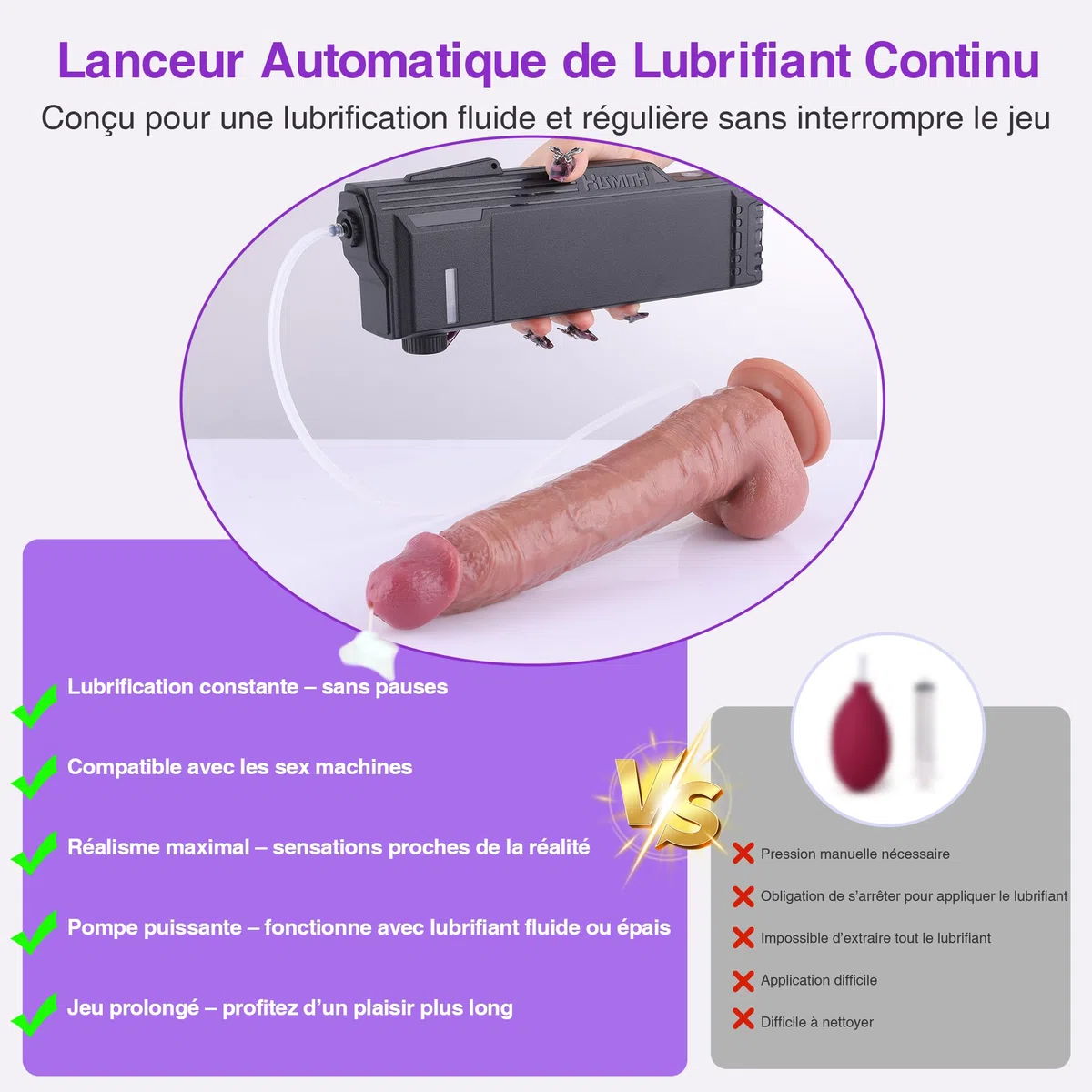 Hismith Godemichet Réaliste Giclant 26 cm avec Lanceur Automatique de Lubrifiant – Applicateur de Lubrifiant Compatible Sex Machines, Contrôle via Application, Godemichet en Silicone avec Ventouse