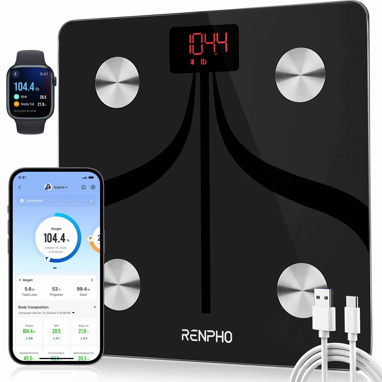 RENPHO Balance Pèse Personne Rechargeable USB Bluetooth Impedancemetre 13 Données Corporelles BMI Muscle Eau Graisse Corporelle 400lb 180kg Noir