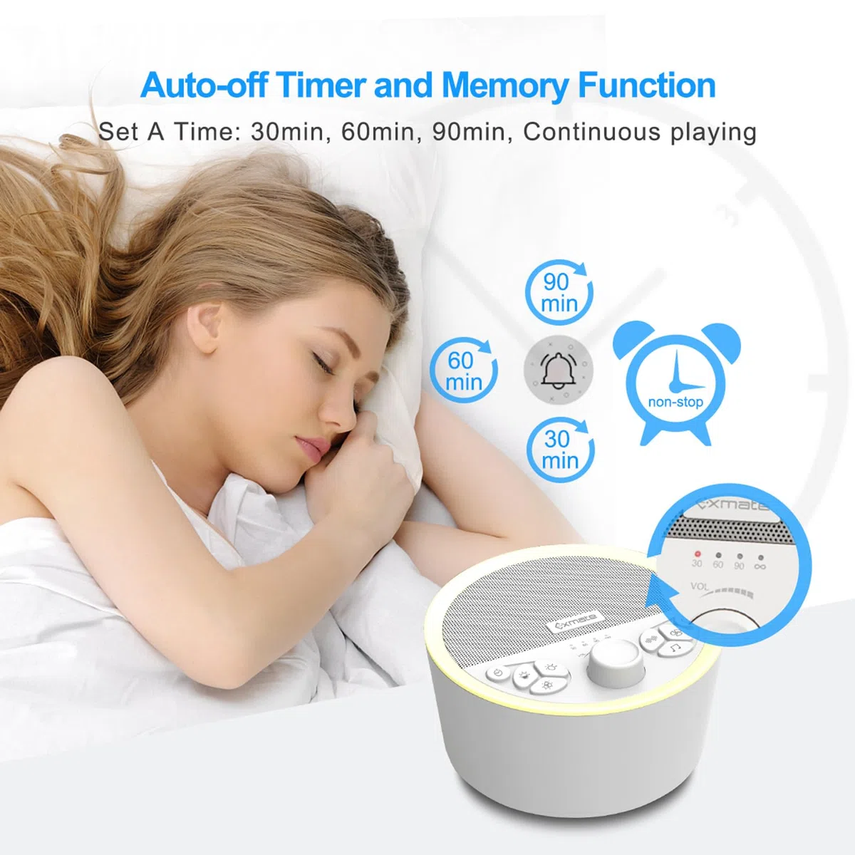 Exmate Machine de Bruit Blanc Portable avec veilleuse, 29 sons apaisants HIFI, contrôle du volume, minuterie, fonction de mémoire, blanc