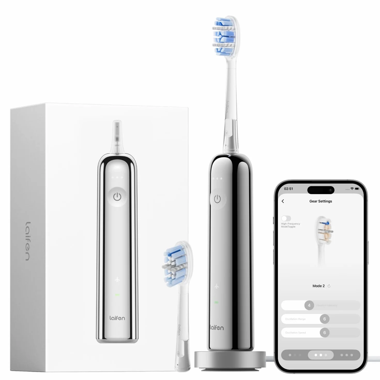 Laifen Wave Pro Brosse À Dents Électrique Technologie WaveMotion, 60° Oscillation 66 000 VPM, 70 Jours d'Autonomie, Capteur de Pression, Charge Sans Fil avec 2 Têtes Pro (Acier Inoxydable)