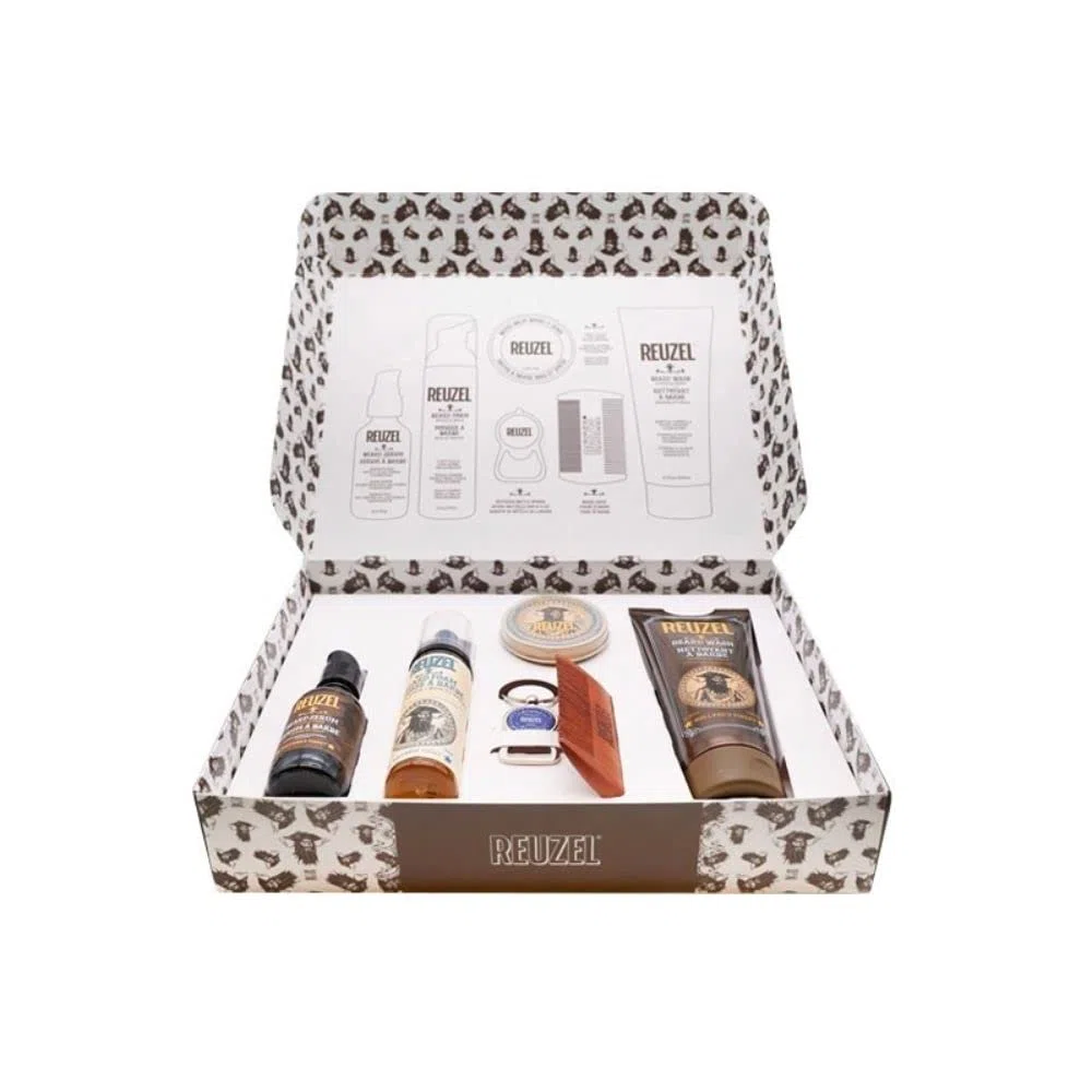 Reuzel Beard Box Coffret Cadeau 6 Pièces Huile à Barbe, Baume à Barbe, Beard Foam Wood & Spice, Shampoing à Barbe, Peigne à Barbe, Porte-clés