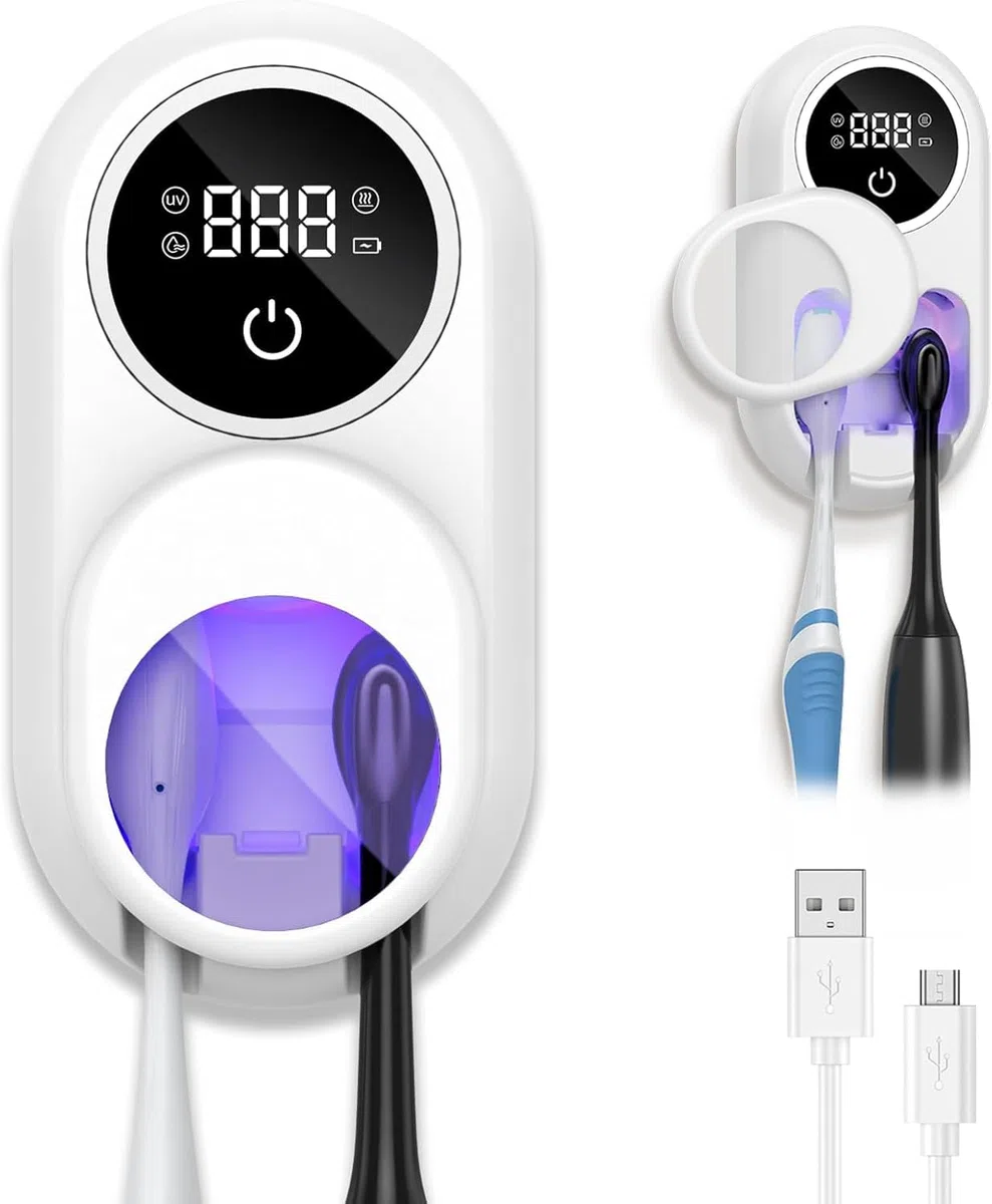 Désinfectant UV pour brosse à dents mural avec fonction de stérilisation et de séchage, écran intelligent LED, couvercle à détection automatique, support de brosse à dents rechargeable pour la