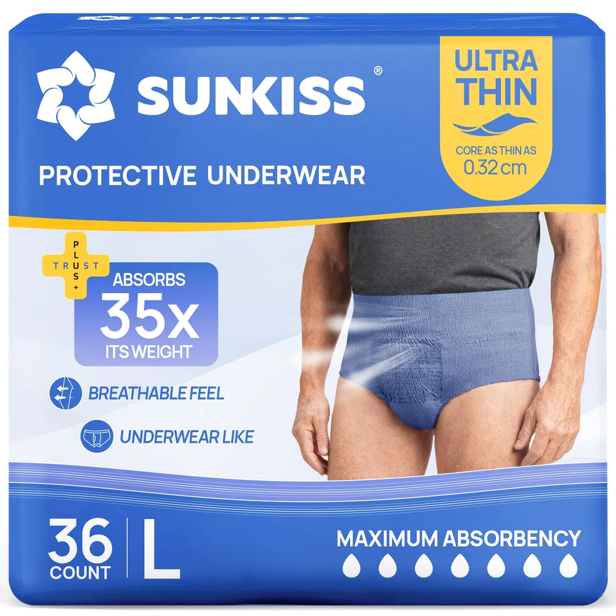 SUNKISS Ultra Fine Couche Adulte Homme Slips Jetables Sous-Vêtements Absorbants Absorption Rapide Fuites Urinaires Incontinence Modérée Taille L Bleu 36 Unités