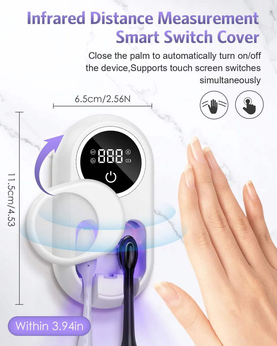 Désinfectant UV pour brosse à dents mural avec fonction de stérilisation et de séchage, écran intelligent LED, couvercle à détection automatique, support de brosse à dents rechargeable pour la