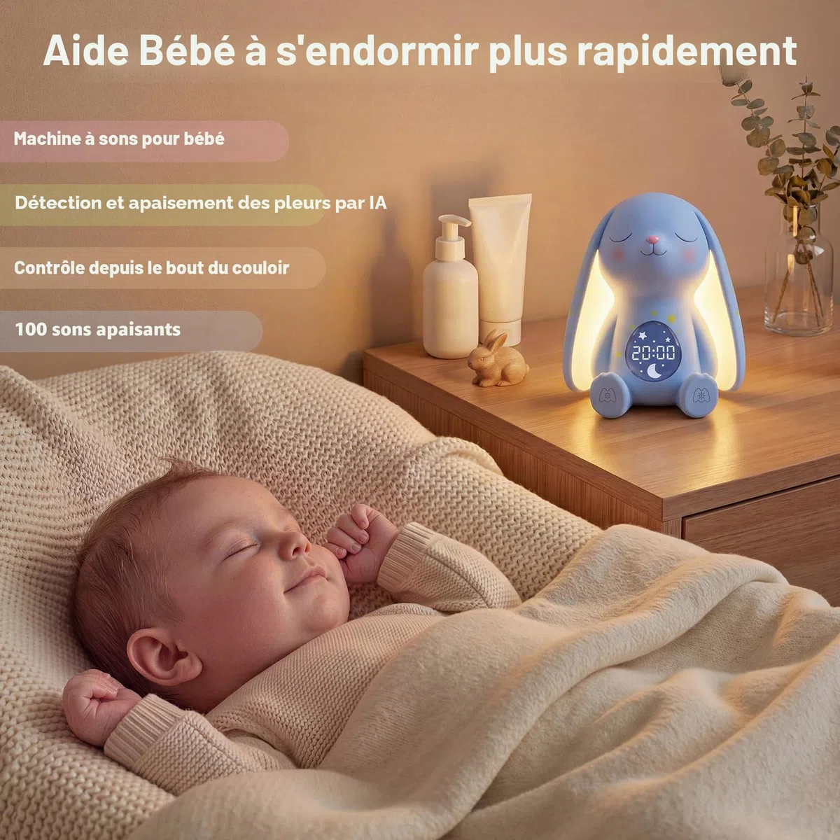 Mewaii Machine à Son pour Bébé avec Lumière Nuit, Détection des Pleurs, 100 Sons Relaxants, Contrôle App, Batterie Longue Durée
