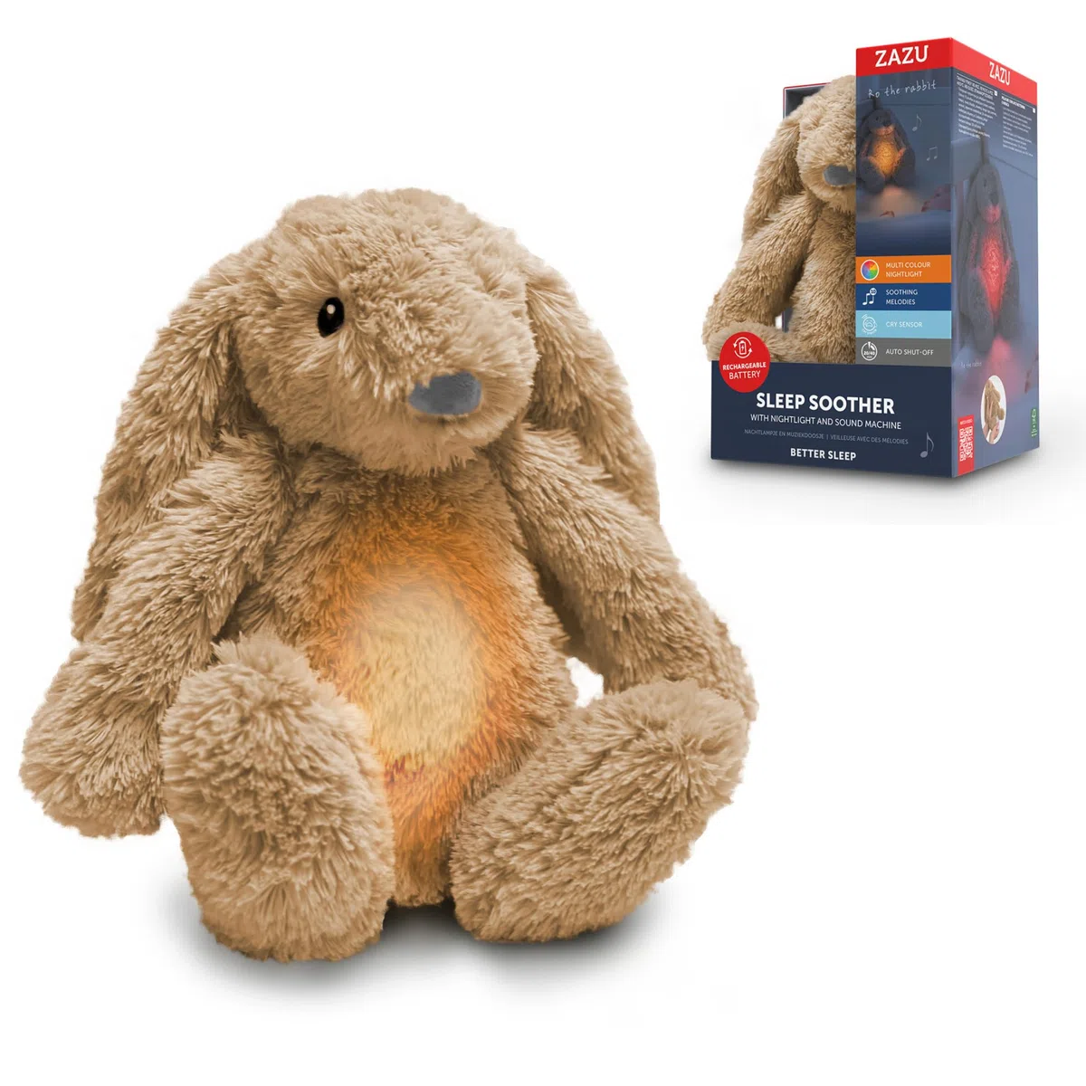 ZAZU Ro le Lapin Aide au Sommeil pour Bébé avec Batterie Rechargeable Veilleuse Multicolore Sons Apaisants Capteur de Pleurs Arrêt Automatique Charge USB-C