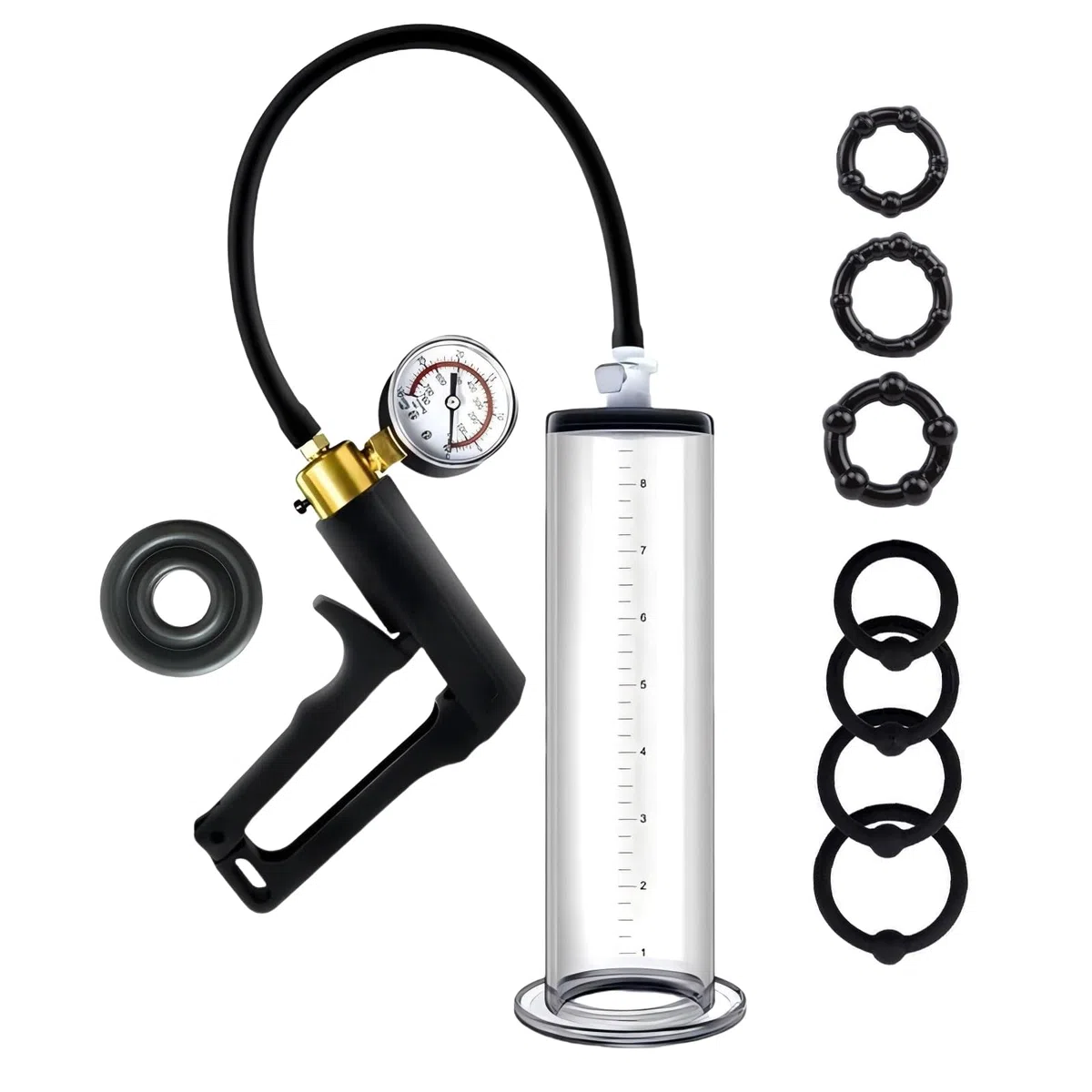 Pompe a Penis Sex Toys Pompes à Pénis avec Poignée en Nylon et Manomètre Extenseur de Pénis Masculin Manuel avec 7 Anneaux de Pénis en Silicone pour l'érection du Pénis Agrandir son Pénis (5.1cm)