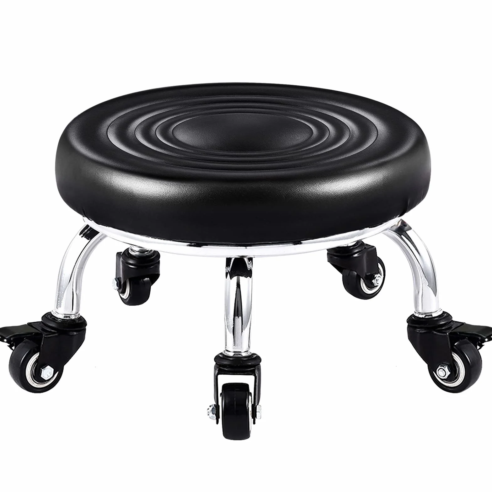 Kalolary Tabouret Pivotant à roulettes Réglable Siège Rond Base Métal Robuste Cuir Noir pour Salon Massage Coiffure Spa Thérapie Tatouage
