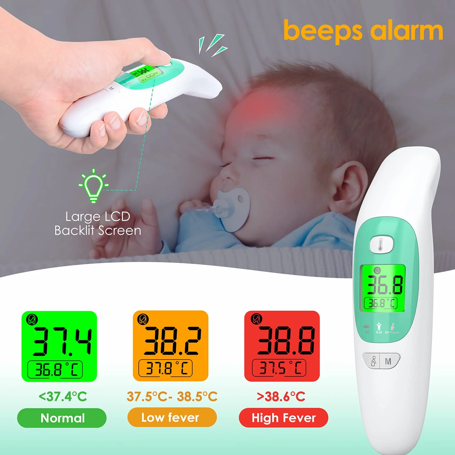 Thermomètre Frontal et Auriculaire Médical sans Contact pour Bébé Enfant Adulte avec Alarme de Fièvre et Écran LCD