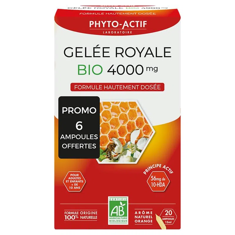 Gélules Gelée Royale Bio 4000mg 10-HDA Phyto-Actif 20 Ampoules + 6 offertes Fabriqué en France