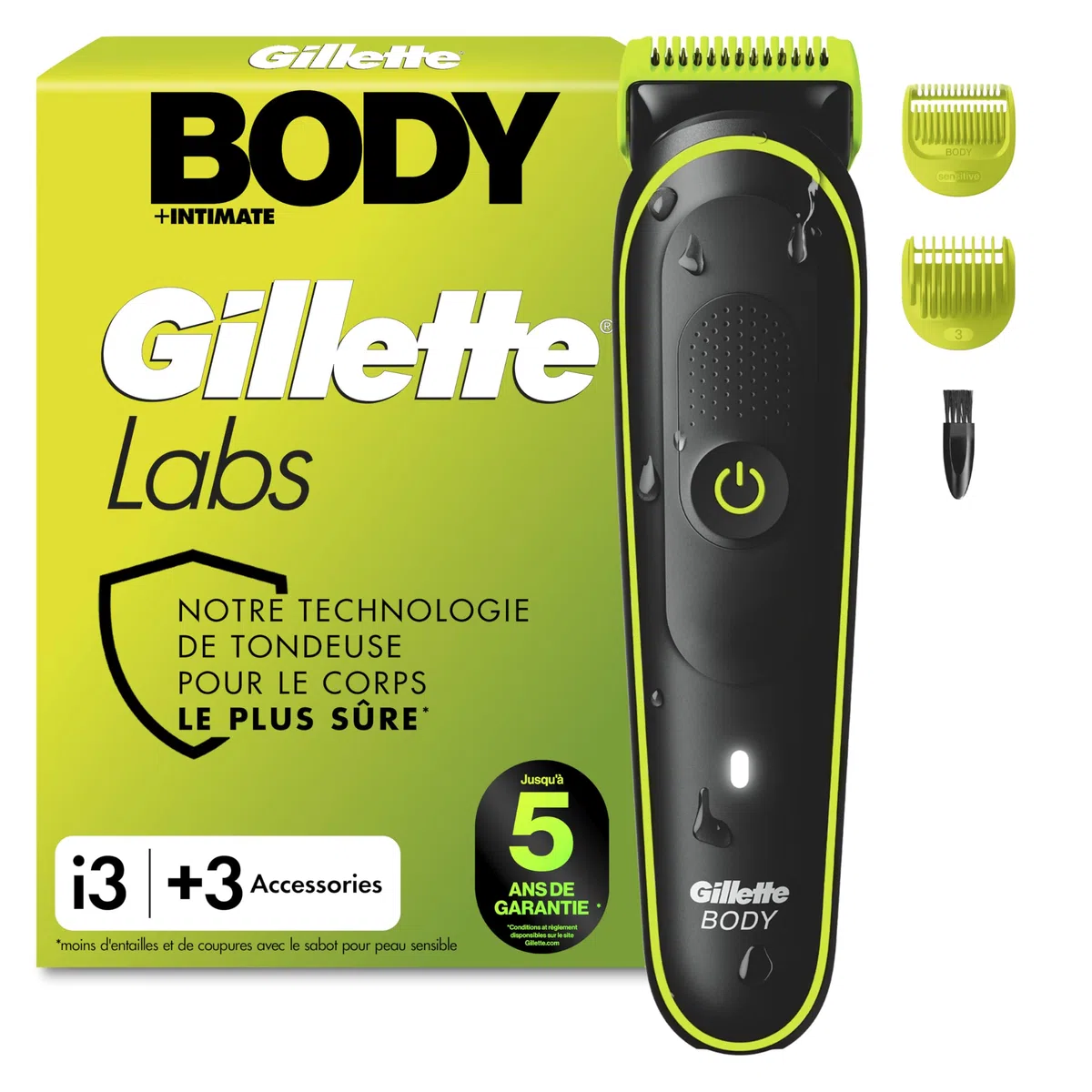 Gillette Labs Body Plus Intimate Tondeuse Homme i3, Tondeuse Corps et Zone Intime, Étanche, Coffret Homme avec 2 Sabots, Technologie SkinFirst, Batterie Rechargeable