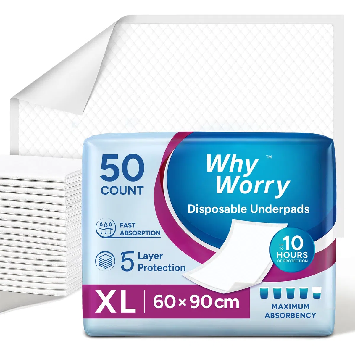 WhyWorry Alèses Jetables 60x90 cm Imperméables, Matelas de Lit Protections pour Adultes Incontinence et Fuites Urinaires, Tapis Absorbant Educateur Chien Animaux, Contrôle des Odeurs, 50 Unités