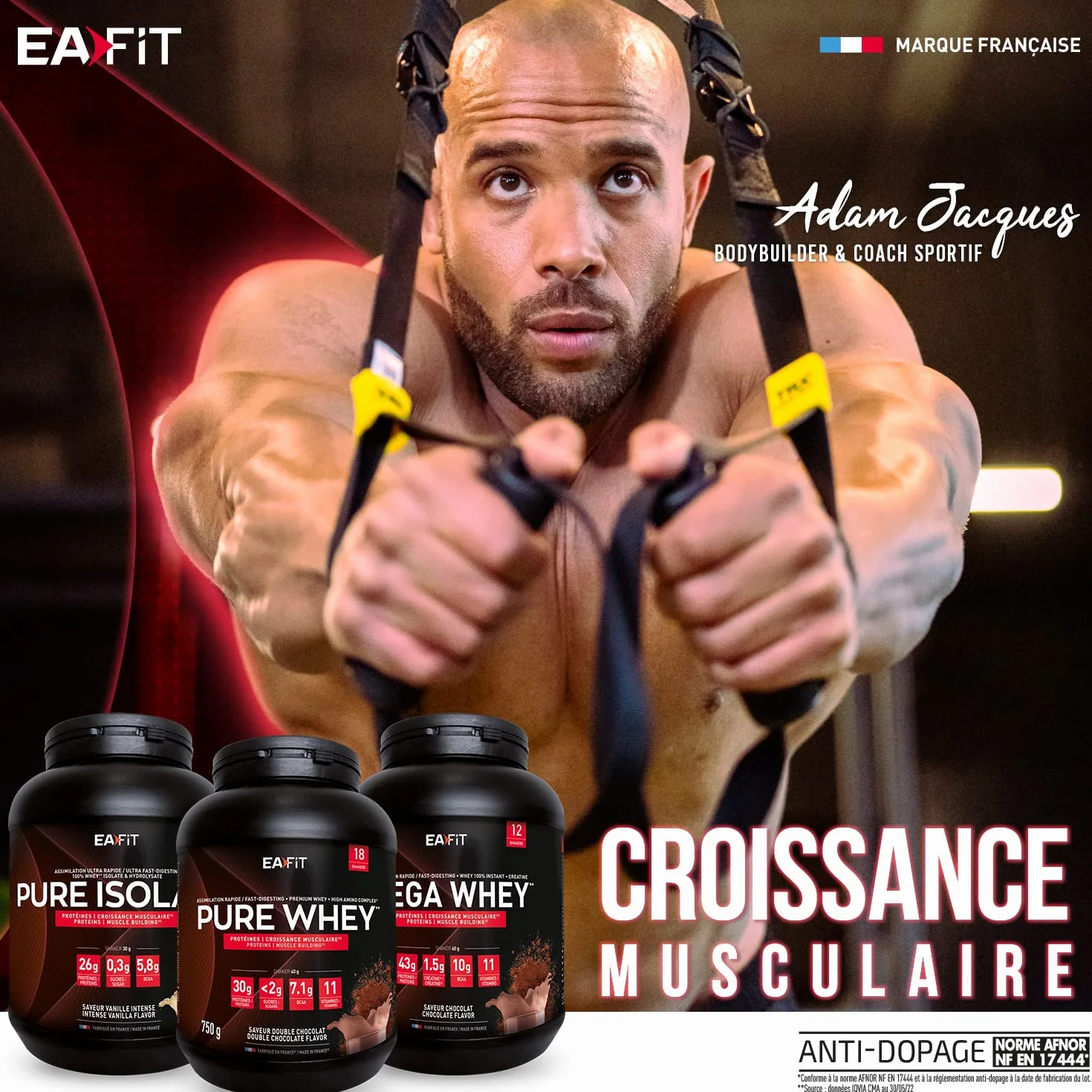 EAFIT Whey Protein Double Chocolat 850g 30g Proteine BCAA Pre Workout