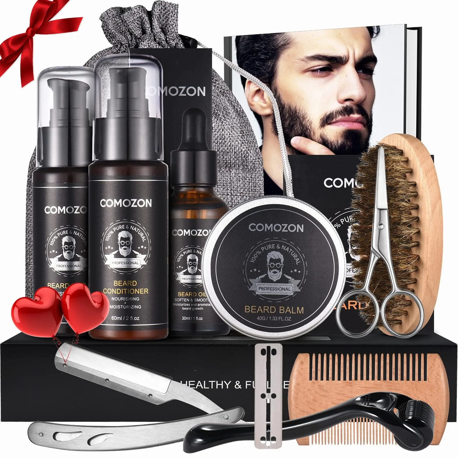 Kit Barbe Homme Complet 12 en 1, Soin Barbe avec Huile, Shampoing, Crème, Peigne, Ciseaux, Brosse, Rasoir