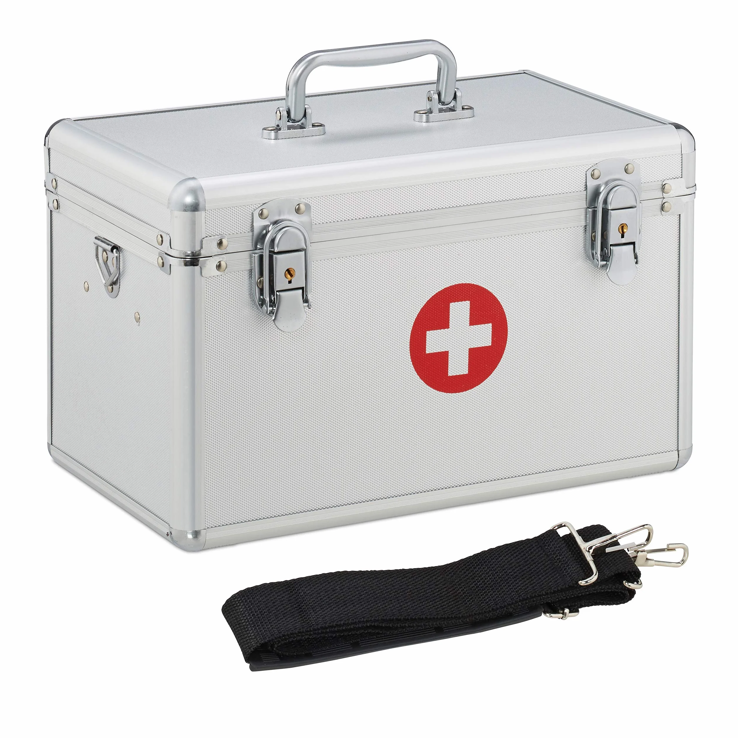 Relaxdays Premiers Secours Boîte de pansements en alu 19x32x20 cm argenté Aluminium Plastique ABS Polyester métal