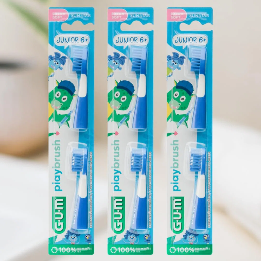 Playbrush JUNIOR 6+ tête de brosse gum compatible brosse à dents électrique brins extra-souples 3x2 têtes Bleu