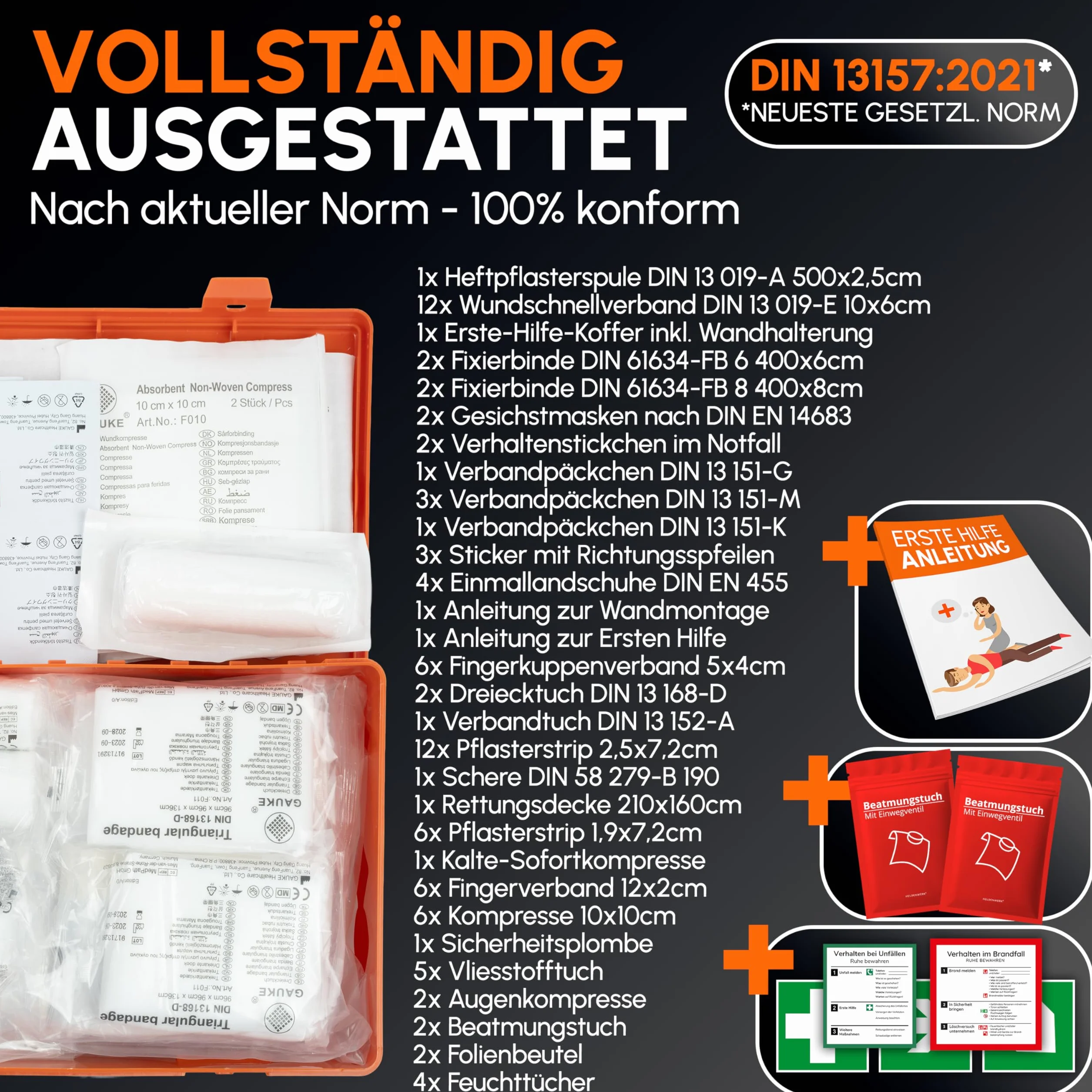 Trousse de premiers secours DIN 13157:2021 avec support mural et autocollants – Mallette universelle pour entreprise