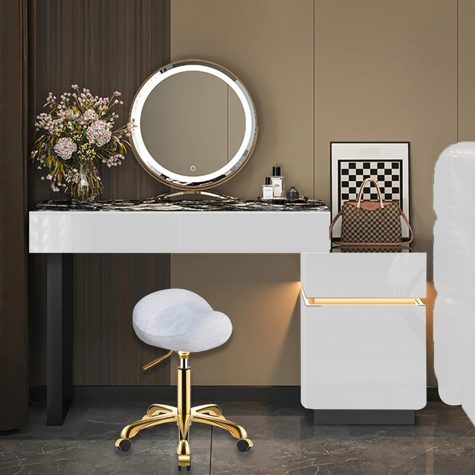 Tabouret Selle Doré à Roulettes Professionnel Réglable Hauteur Motif Glaciaire PU Cuir Pivotant Chaise pour Salon Spa (Blanc)