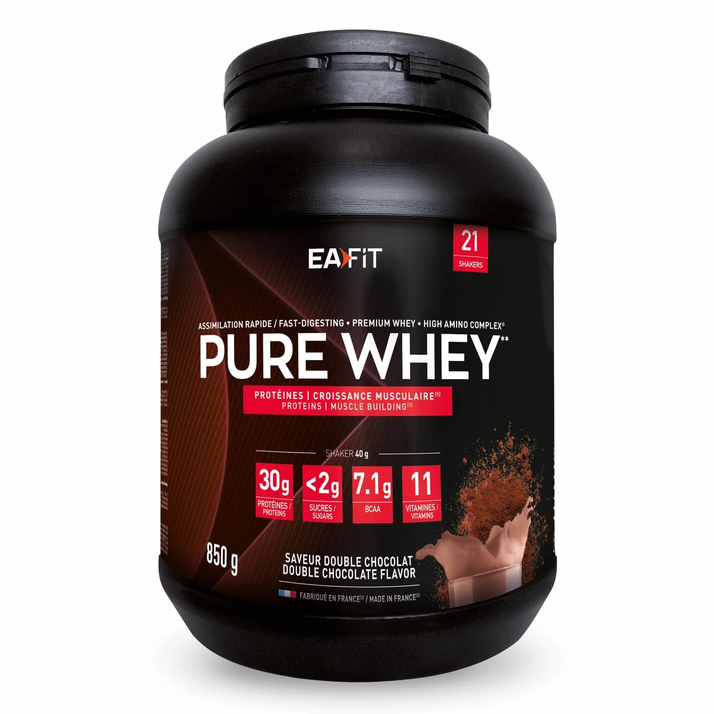 EAFIT Whey Protein Double Chocolat 850g 30g Proteine BCAA Pre Workout