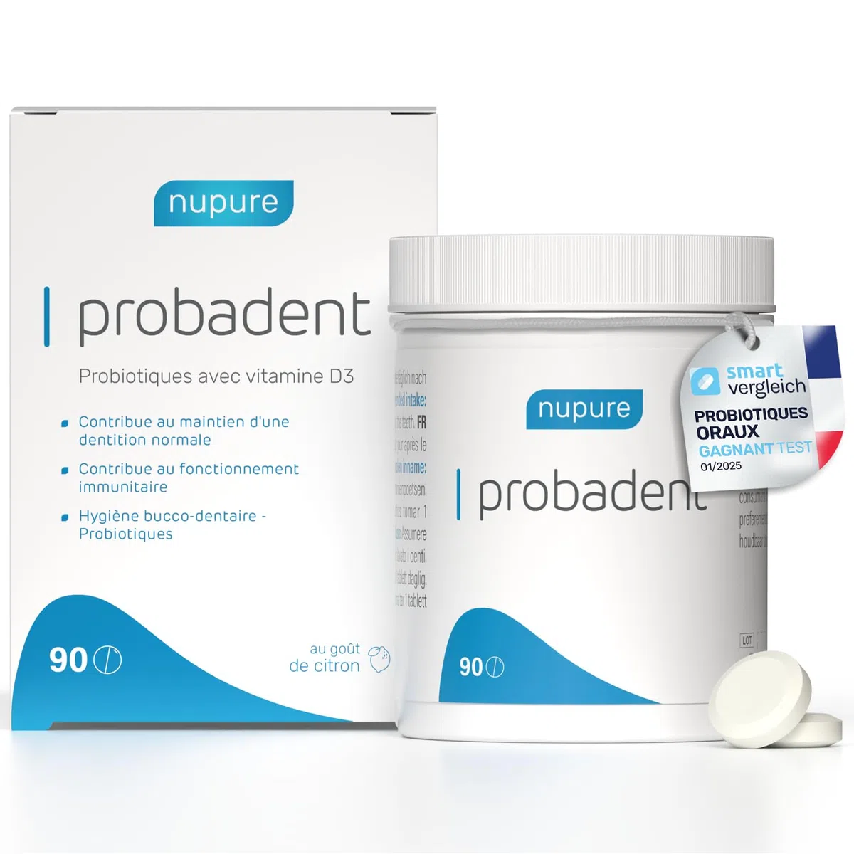Nupure Probadent pastilles à sucer probiotique flore buccale vitamine D 5 μg goût citron hygiène buccale 90 gélules