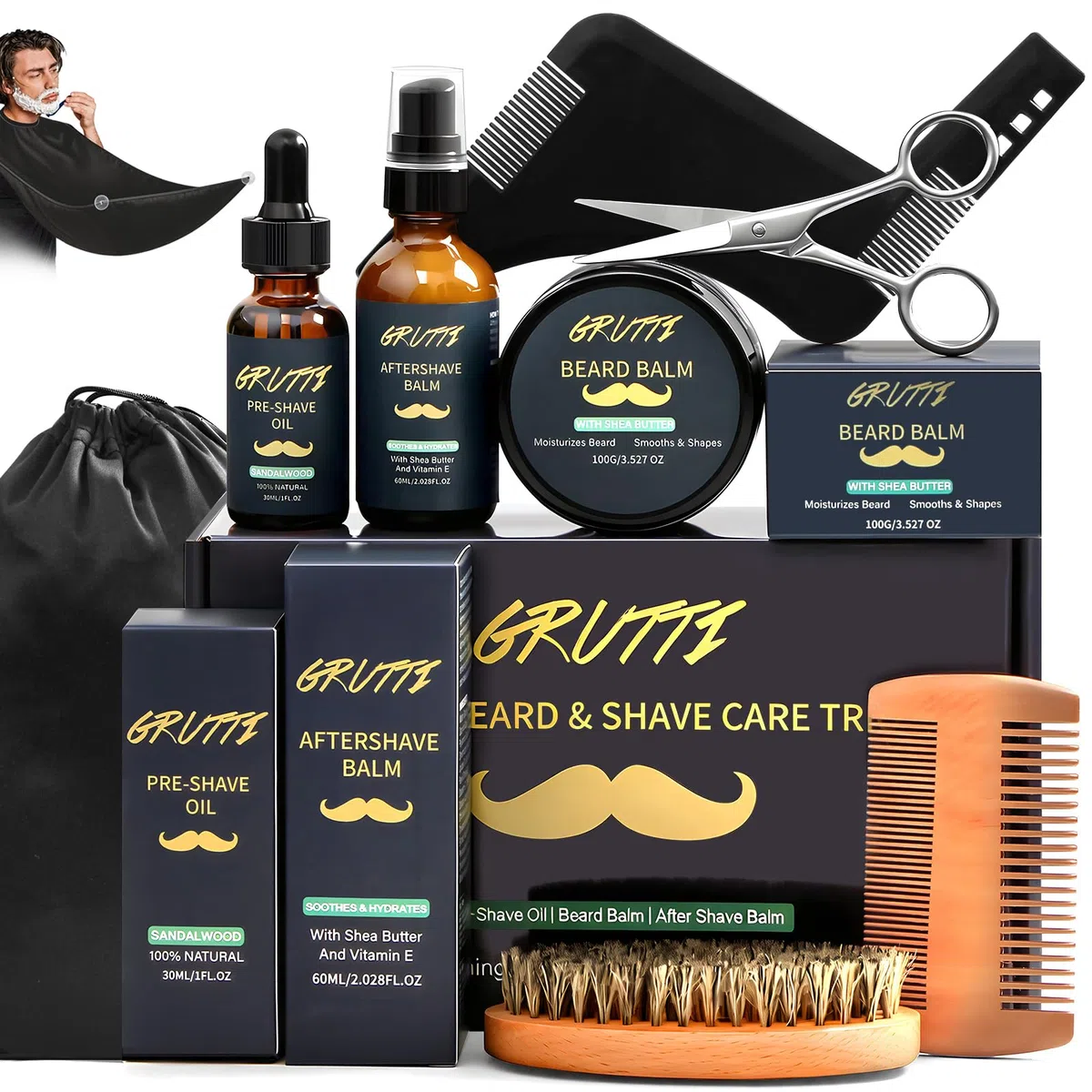 Kit de soin de la barbe pour homme avec huile pré-rasage, baume, crème après-rasage, brosse, peigne, ciseaux, écharpe et sac de rangement