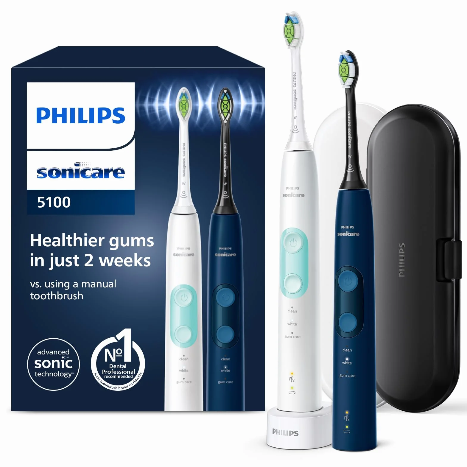Philips Sonicare ProtectiveClean 5100 - Brosses à dents électriques avec 3 modes de brossage, capteur de pression, minuterie et étui de voyage, blanc et bleu, Lot de 2, modèle HX6851/34