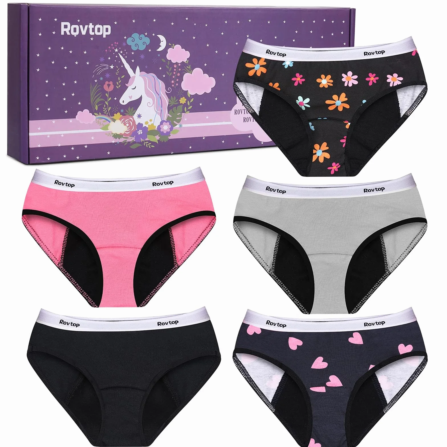 Rovtop Lot de 5 Culotte Menstruelle en Coton pour Fille Culotte Incontinence pour Enfants Adolescente Culotte Périodiques Lavable L