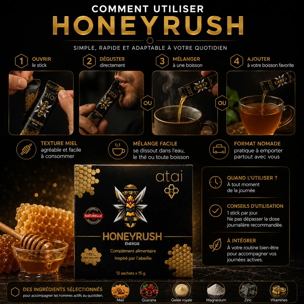 TONUS HOMME HONEY RUSH Miel, gélée royale, Guarana, Maca, Zinc, Vitamines B6,B12,C 12 Sachets 15 g