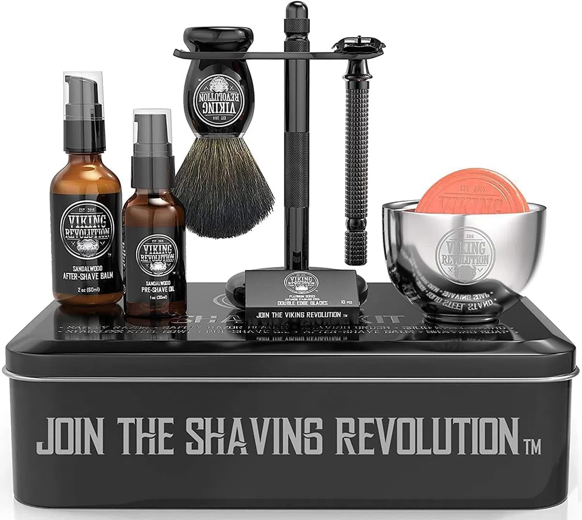 Viking Revolution Kit Rasage Homme Complet de Luxe Rasoir Sécurité Support Bol Baume Après-Rasage Huile Avant-Rasage Blaireau Cadeau Homme