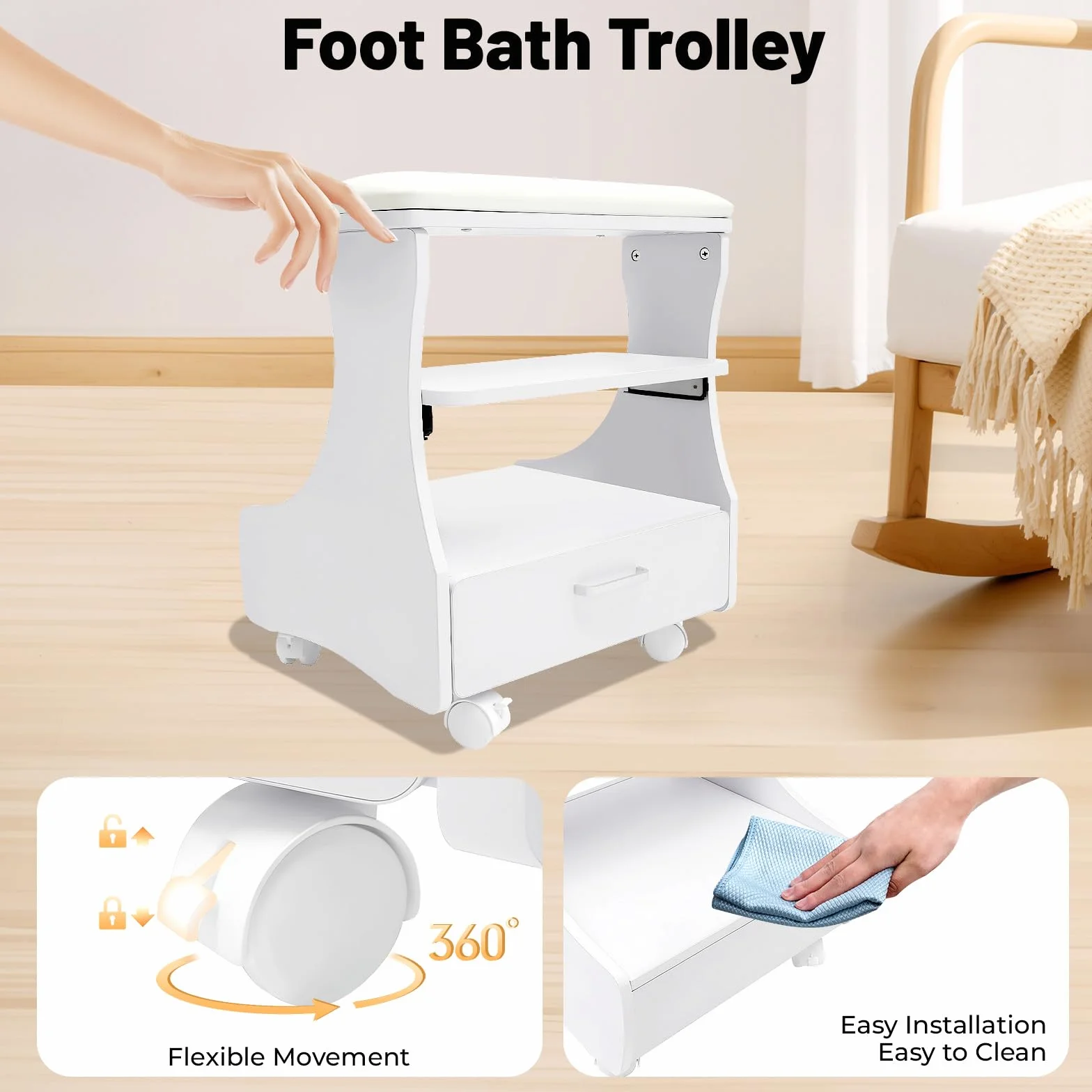 Table Manucure Chariot de Pédicure 52x41x55cm 20kg Charge Roulettes Freins Meuble Pedicure Salon Beauté