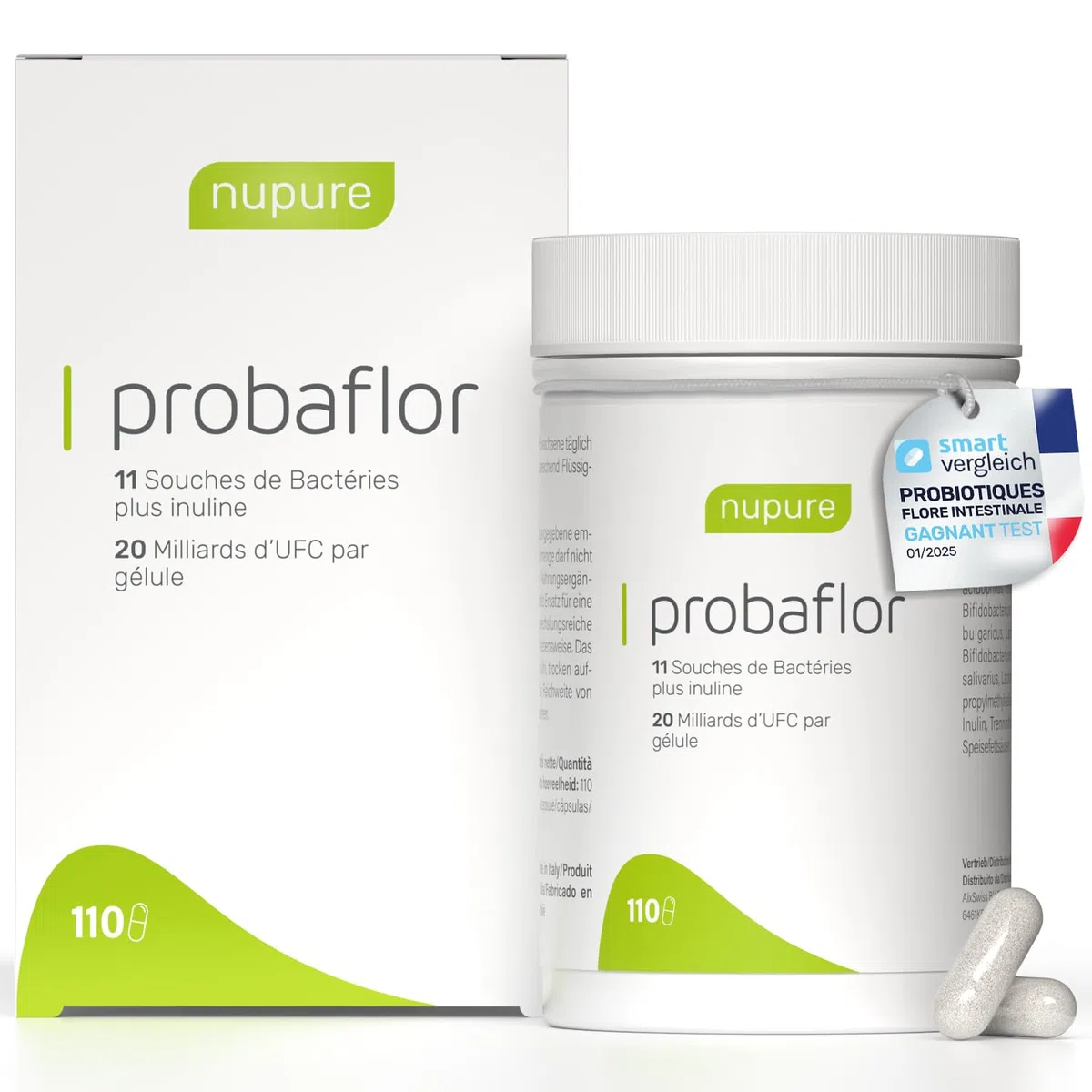 Nupure Probaflor 110 gélules, 20 milliards d'UFC, 11 souches bactériennes, inuline, Lactobacillus salivarius SP2