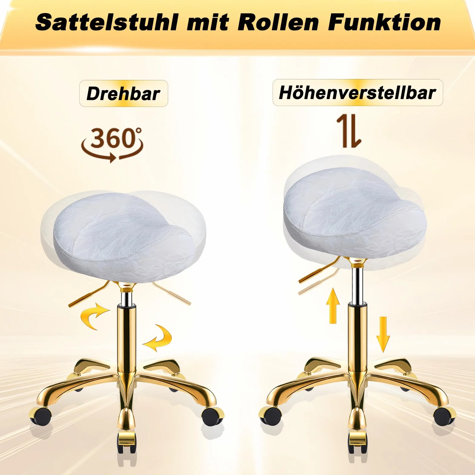 Tabouret Selle Doré à Roulettes Professionnel Réglable Hauteur Motif Glaciaire PU Cuir Pivotant Chaise pour Salon Spa (Blanc)