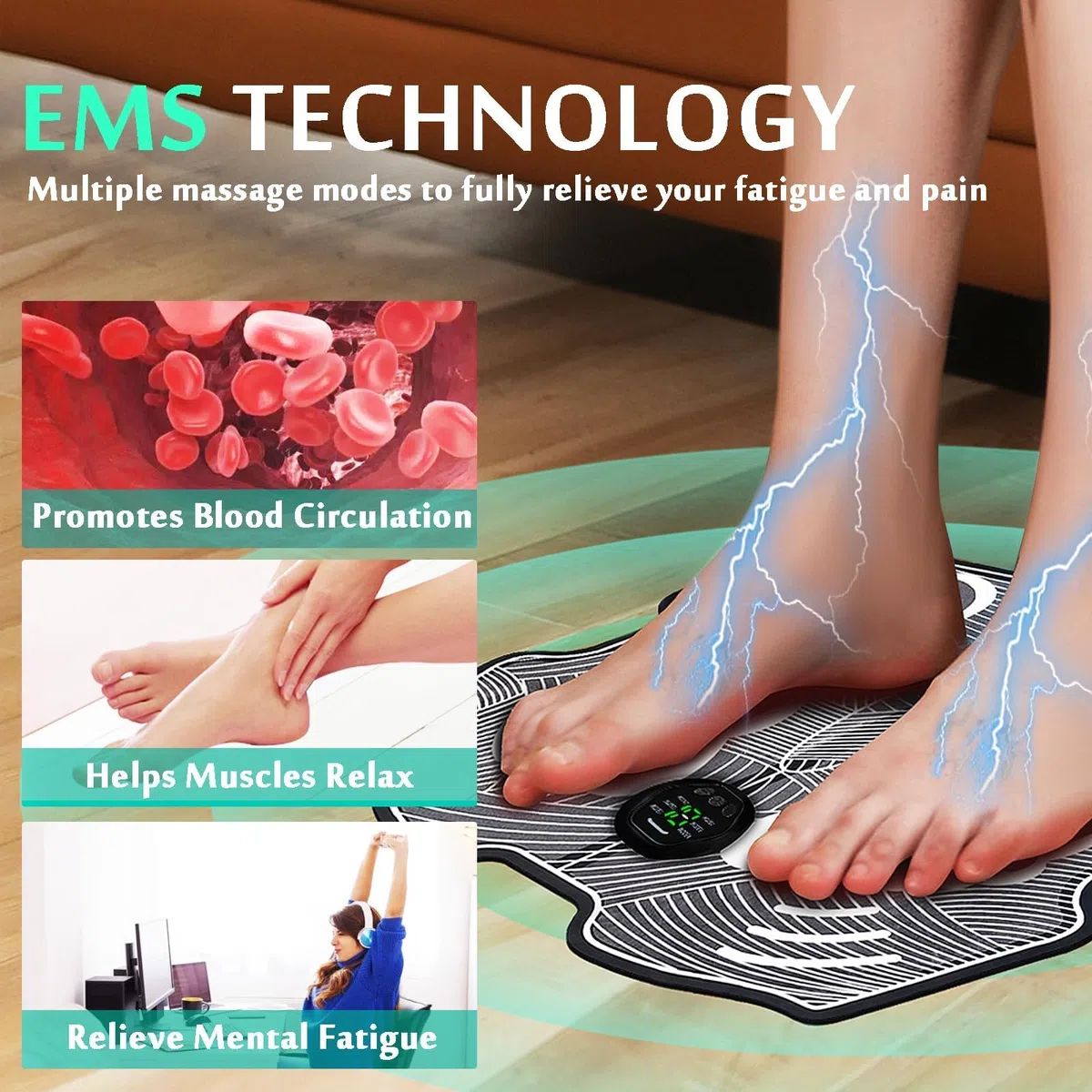 Massager des Pieds - EMS Foot Massage Pad, Tapis de massage électrique pour la circulation sanguine masseur de pieds pliable, rechargeable par USB, 8 modes, 18 intensités