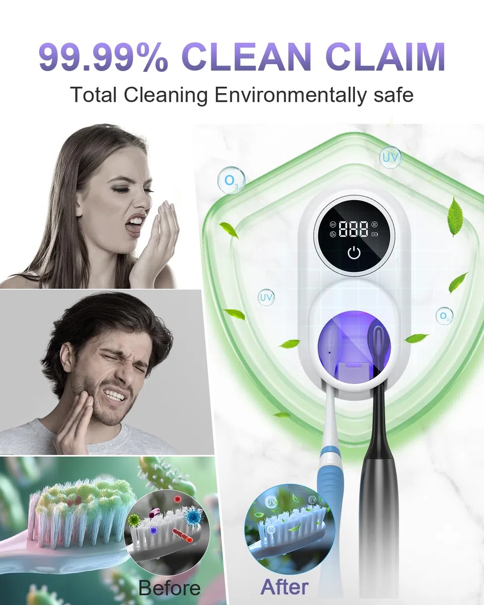 Désinfectant UV pour brosse à dents mural avec fonction de stérilisation et de séchage, écran intelligent LED, couvercle à détection automatique, support de brosse à dents rechargeable pour la