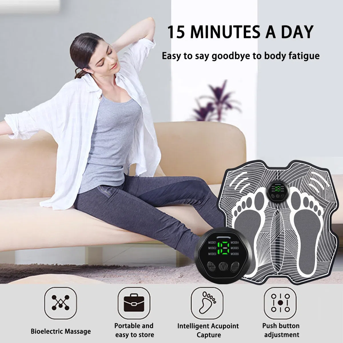 Massager des Pieds - EMS Foot Massage Pad, Tapis de massage électrique pour la circulation sanguine masseur de pieds pliable, rechargeable par USB, 8 modes, 18 intensités