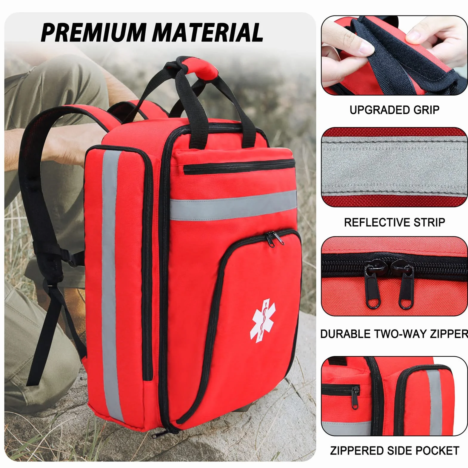 Sac à Dos Médical d'Urgence Vide, Sac de Premiers Secours Réfléchissant, Grande Capacité (Rouge)