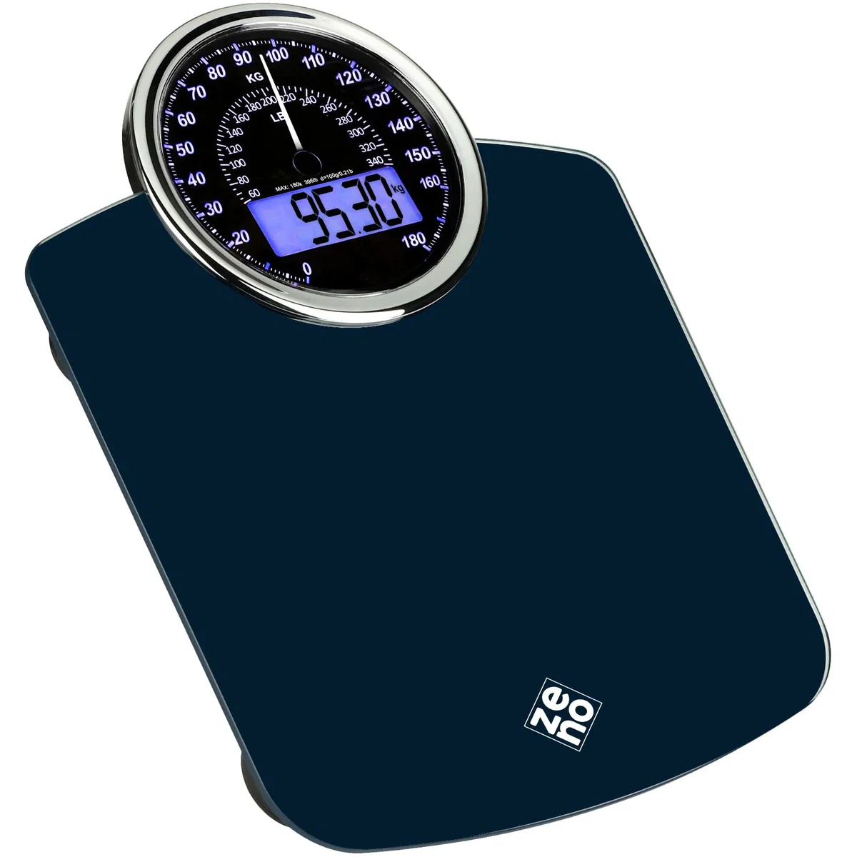 ZENO Pèse-personne Hybride 2-en-1 Digital et Analogique 180 kg Verre trempé Grand écran Bleu foncé